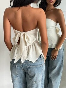 Glamine 性感優雅辣妹修身細肩帶無袖法式風百搭高級甜辣抹胸上衣 度假奶油白夏季款 - 杏色 - 查看 2