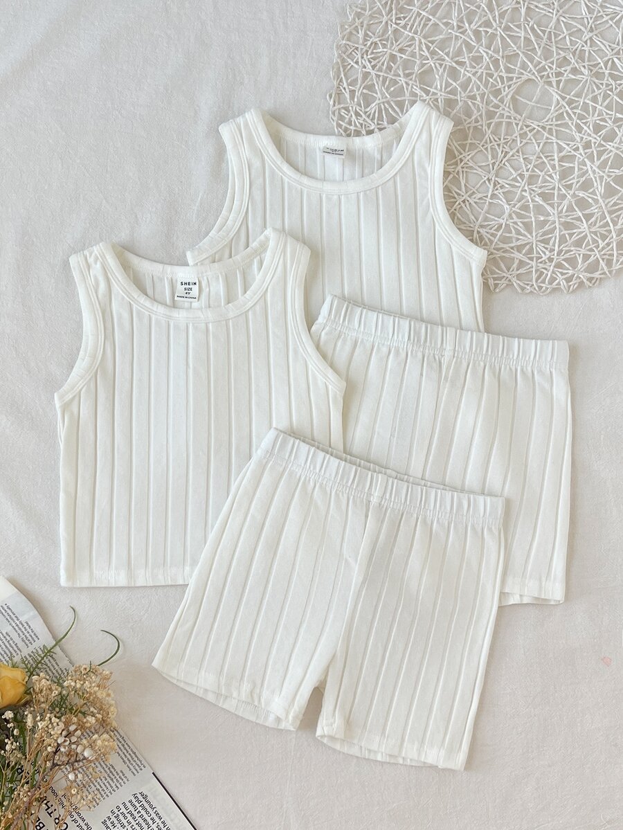 SHEIN Young Girls Kids Spring/Summer Camisole Top & Shorts Solid Color Multi-Color Camisole Top & Shorts Set 2pcs -Piece Underwear Set All Season - White - View 1