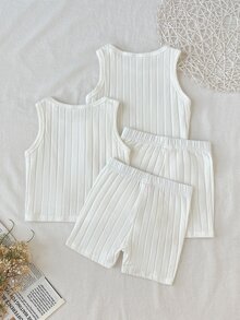 SHEIN 女童春夏季細肩帶上衣與短褲套裝 2件組 素色/多色內著套裝 全季適用 - 白色 - 查看 2