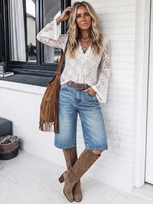 Breezaya Early Summer Women's Western Boho Casual Deep V-Neck White Floral Sheer Lace Flare Long Sleeve A-Line Top, Dating Vacation Occasions Going Out - White - View 4