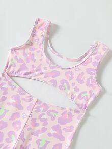 SHEIN Young Girls Sports Jumpsuit Featuring Fashion Pink Leopard And Heart Print Design Comfy Soft Stretch Fabric Sleeveless Full Length Flare Leg Rompers - Purple - View 3
