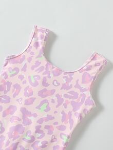 SHEIN Young Girls Sports Jumpsuit Featuring Fashion Pink Leopard And Heart Print Design Comfy Soft Stretch Fabric Sleeveless Full Length Flare Leg Rompers - Purple - View 6