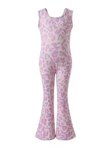 SHEIN Young Girls Sports Jumpsuit Featuring Fashion Pink Leopard And Heart Print Design Comfy Soft Stretch Fabric Sleeveless Full Length Flare Leg Rompers - Purple - View 7