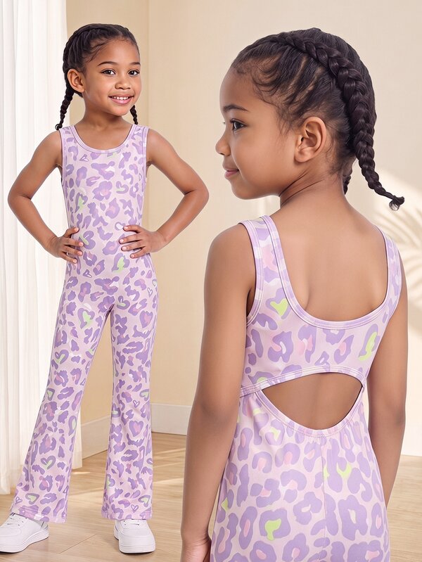 Young Girls Sports Jumpsuit Featuring Fashion Pink Leopard And Heart Print Design Comfy Soft Stretch Fabric Sleeveless Full Length Flare Leg Rompers