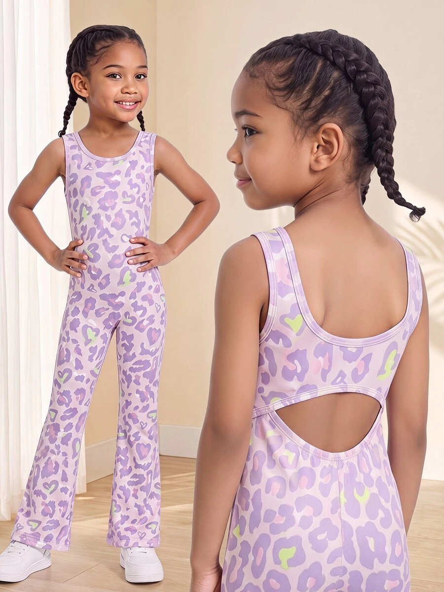 SHEIN Young Girls Sports Jumpsuit Featuring Fashion Pink Leopard And Heart Print Design Comfy Soft Stretch Fabric Sleeveless Full Length Flare Leg Rompers - Purple - View 1