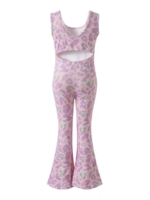 SHEIN Young Girls Sports Jumpsuit Featuring Fashion Pink Leopard And Heart Print Design Comfy Soft Stretch Fabric Sleeveless Full Length Flare Leg Rompers - Purple - View 2