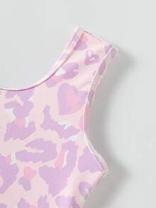 SHEIN Young Girls Sports Jumpsuit Featuring Fashion Pink Leopard And Heart Print Design Comfy Soft Stretch Fabric Sleeveless Full Length Flare Leg Rompers - Purple - View 5