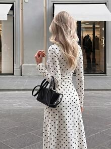 Firerie Polka Dot Print Mock Neck Dress - White - View 2