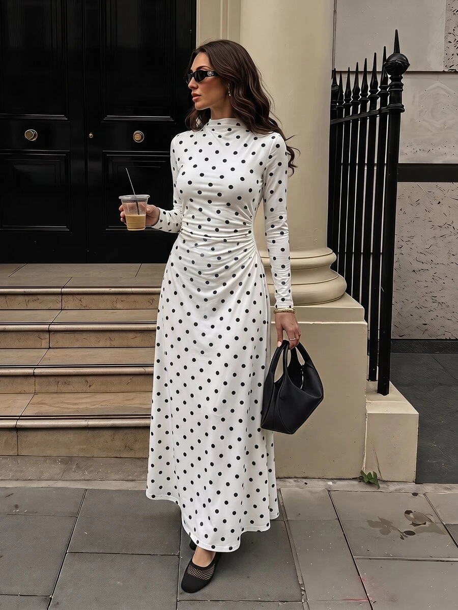 Firerie Polka Dot Print Mock Neck Dress - White - View 1