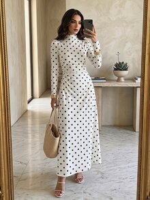 Firerie Polka Dot Print Mock Neck Dress - White - View 3