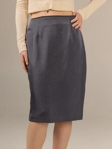 KÆRIA Hus 90's Pencil Slip Skirt - Liquid Textured Satin - Steel Grey - Minimal, Elegant, Date Brunch Office, Premium Fabric Autumn - Grey - View 2