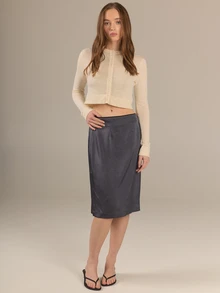 KÆRIA Hus 90's Pencil Slip Skirt - Liquid Textured Satin - Steel Grey - Minimal, Elegant, Date Brunch Office, Premium Fabric Autumn - Grey - View 1