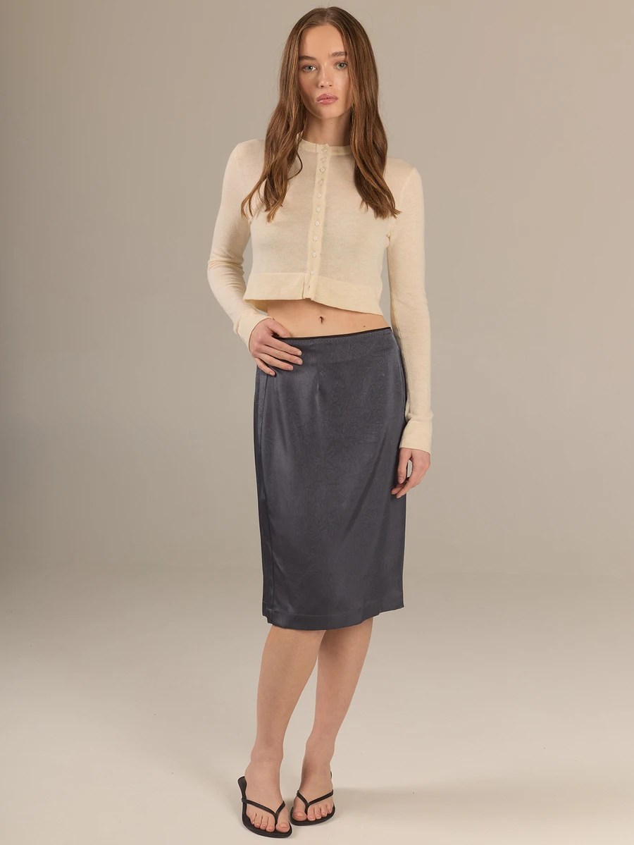 KÆRIA Hus 90's Pencil Slip Skirt - Liquid Textured Satin - Steel Grey - Minimal, Elegant, Date Brunch Office, Premium Fabric Autumn - Grey - View 1