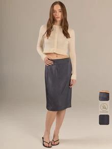 KÆRIA Hus 90's Pencil Slip Skirt - Liquid Textured Satin - Steel Grey - Minimal, Elegant, Date Brunch Office, Premium Fabric Autumn - Grey - View 7