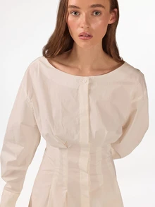 KÆRIA Hus Cinched Waist Mini Dress - Refined Cotton Stretch - Off-White, Party Office Brunch, Date, Feminine French, Elegant, Workwear Fall - White - View 6