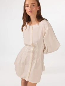 KÆRIA Hus Cinched Waist Mini Dress - Refined Cotton Stretch - Off-White, Party Office Brunch, Date, Feminine French, Elegant, Workwear Fall - White - View 8