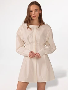 KÆRIA Hus Cinched Waist Mini Dress - Refined Cotton Stretch - Off-White, Party Office Brunch, Date, Feminine French, Elegant, Workwear Fall - White - View 1