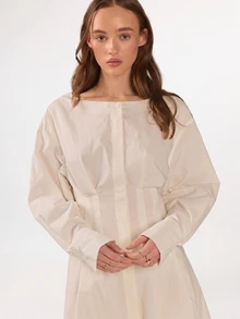 KÆRIA Hus Cinched Waist Mini Dress - Refined Cotton Stretch - Off-White, Party Office Brunch, Date, Feminine French, Elegant, Workwear Fall - White - View 7