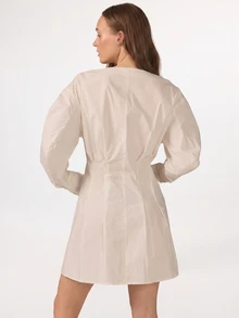 KÆRIA Hus Cinched Waist Mini Dress - Refined Cotton Stretch - Off-White, Party Office Brunch, Date, Feminine French, Elegant, Workwear Fall - White - View 2