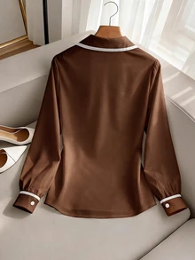 SHEIN Franclia 對比色休閒戶外襯衫，極簡休閒，戶外，通勤 - 棕色 - 查看 2