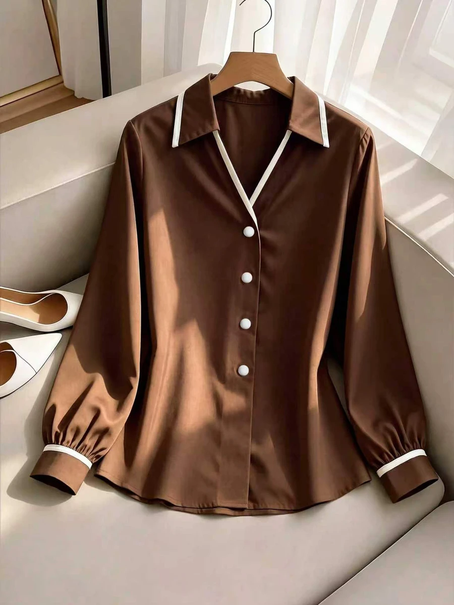 SHEIN Franclia 對比色休閒戶外襯衫,極簡休閒,戶外,通勤 - 棕色 - 查看 1