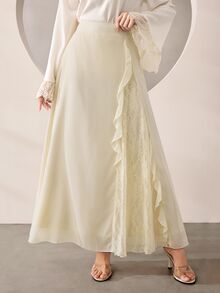 Graceveil 蕾絲拼接雪紡荷葉邊高腰女款裙 婚禮沙灘白色秋季浪漫優雅 - 杏色 - 查看 7