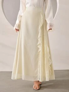 Graceveil 蕾絲拼接雪紡荷葉邊高腰女款裙 婚禮沙灘白色秋季浪漫優雅 - 杏色 - 查看 3
