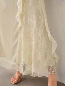 Graceveil 蕾絲拼接雪紡荷葉邊高腰女款裙 婚禮沙灘白色秋季浪漫優雅 - 杏色 - 查看 5