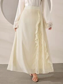 Graceveil 蕾絲拼接雪紡荷葉邊高腰女款裙 婚禮沙灘白色秋季浪漫優雅 - 杏色 - 查看 1