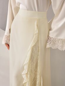 Graceveil 蕾絲拼接雪紡荷葉邊高腰女款裙 婚禮沙灘白色秋季浪漫優雅 - 杏色 - 查看 6
