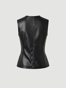 SHEIN MOD 大尺碼黑色金屬色夏季PU不對稱設計背心套裝 通勤優雅休閒華麗魅力老錢風 秋冬萬聖節 - 黑色 - 查看 4