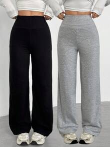 Girls Autumn/Winter All-Season Casual All-Match Versatile Daily Sports Wide Waistband Design Fitted Yoga Sports Knit Solid Color Sweatpants 2-Pack - Black and White - View 1
