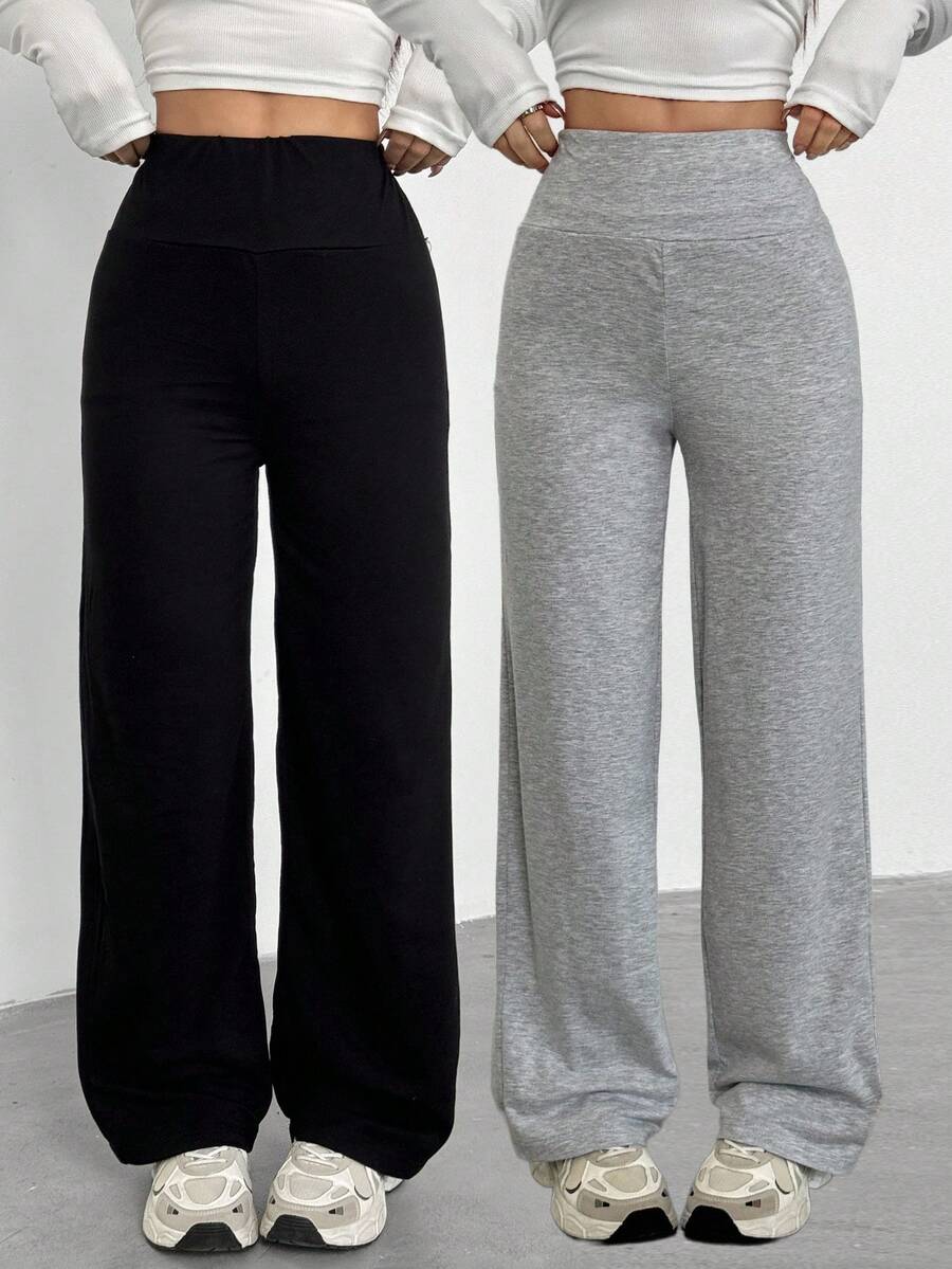 Girls Autumn/Winter All-Season Casual All-Match Versatile Daily Sports Wide Waistband Design Fitted Yoga Sports Knit Solid Color Sweatpants 2-Pack - Black and White - View 1