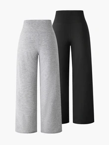 Girls Autumn/Winter All-Season Casual All-Match Versatile Daily Sports Wide Waistband Design Fitted Yoga Sports Knit Solid Color Sweatpants 2-Pack - Black and White - View 3
