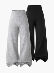 Girls Autumn/Winter All-Season Casual All-Match Versatile Daily Sports Wide Waistband Design Fitted Yoga Sports Knit Solid Color Sweatpants 2-Pack - Black and White - View 2