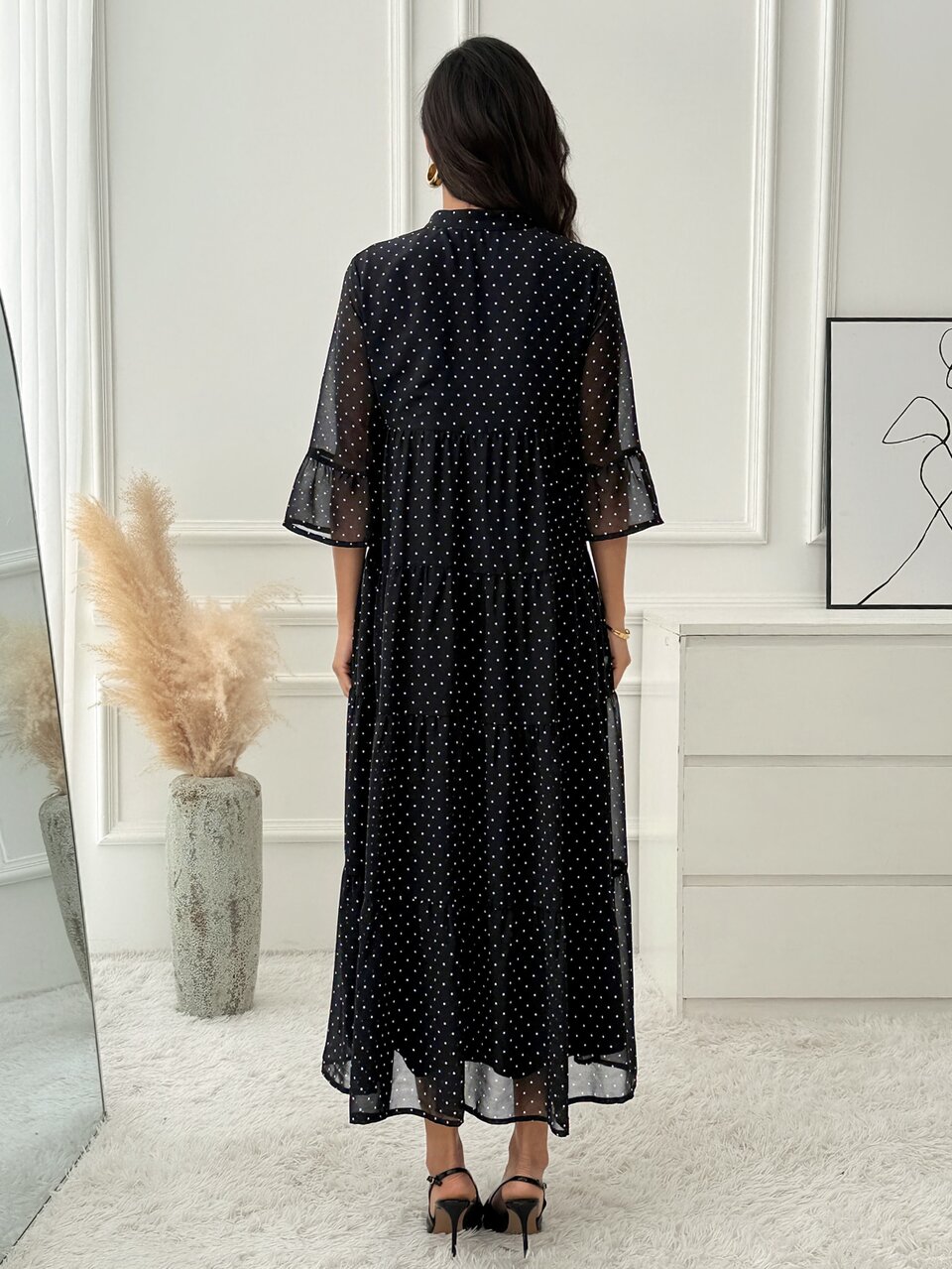 Middle-Aged Women Notch V-Neck Pleated Casual Daily Summer Dress