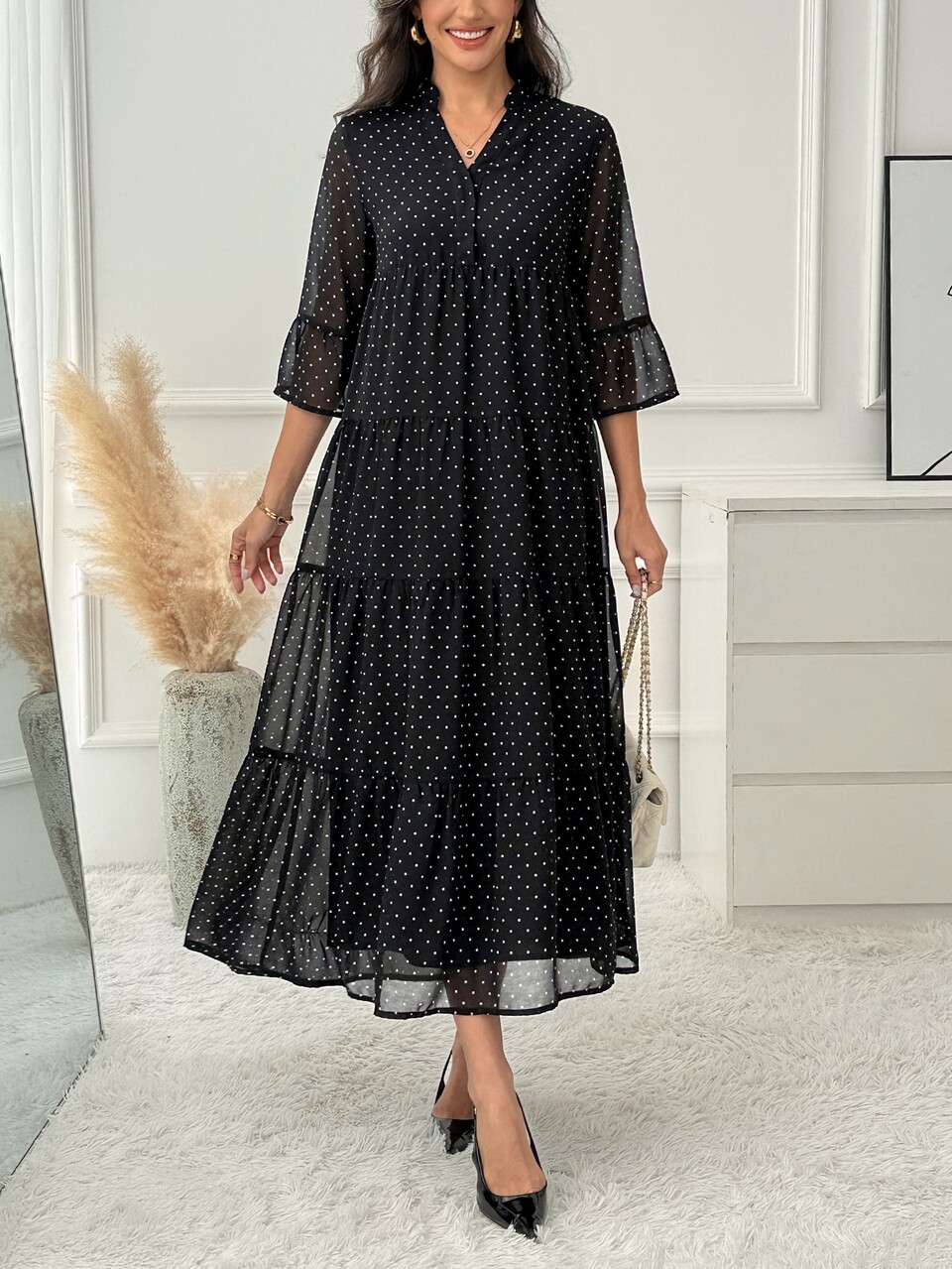 Middle-Aged Women Notch V-Neck Pleated Casual Daily Summer Dress