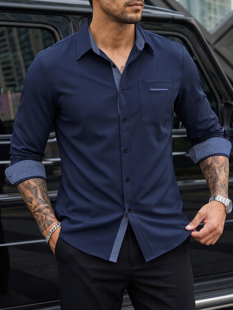Manfinity Mode Manfinity CasualCool Men's Casual Long-Sleeve Shirt, Suitable For Formal Occasions And Celebrations. - Navy Blue - View 3