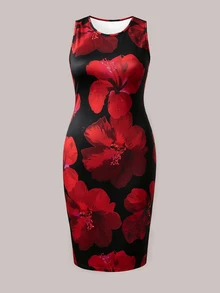 SHEIN Clasi 大码女式碎花连衣裙和纯色外套休闲两件套 - 紅色 - 查看 4