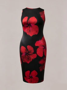 SHEIN Clasi 大码女式碎花连衣裙和纯色外套休闲两件套 - 紅色 - 查看 7