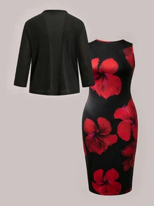 SHEIN Clasi 大码女式碎花连衣裙和纯色外套休闲两件套 - 紅色 - 查看 2