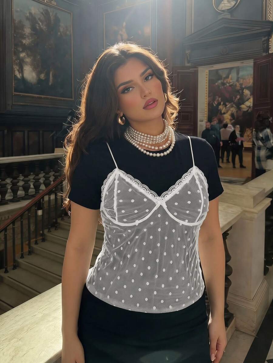 SHEIN MOD Plus Size Women's Contrast Lace Polka Dot Mesh 2 In 1 T-Shirt - Black - View 1