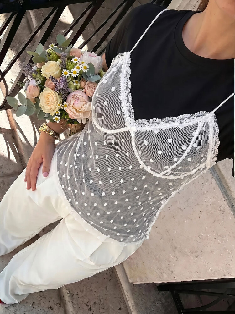 SHEIN MOD Plus Size Women's Contrast Lace Polka Dot Mesh 2 In 1 T-Shirt - Black - View 2