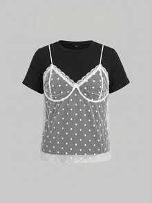 SHEIN MOD Plus Size Women's Contrast Lace Polka Dot Mesh 2 In 1 T-Shirt - Black - View 8