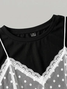SHEIN MOD Plus Size Women's Contrast Lace Polka Dot Mesh 2 In 1 T-Shirt - Black - View 5