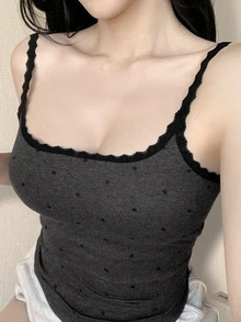 DAZY Camiseta interior de mujer con inserción de encaje y estampado de lunares - Gris - Ver 6