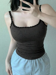 DAZY Camiseta interior de mujer con inserción de encaje y estampado de lunares - Gris - Ver 10