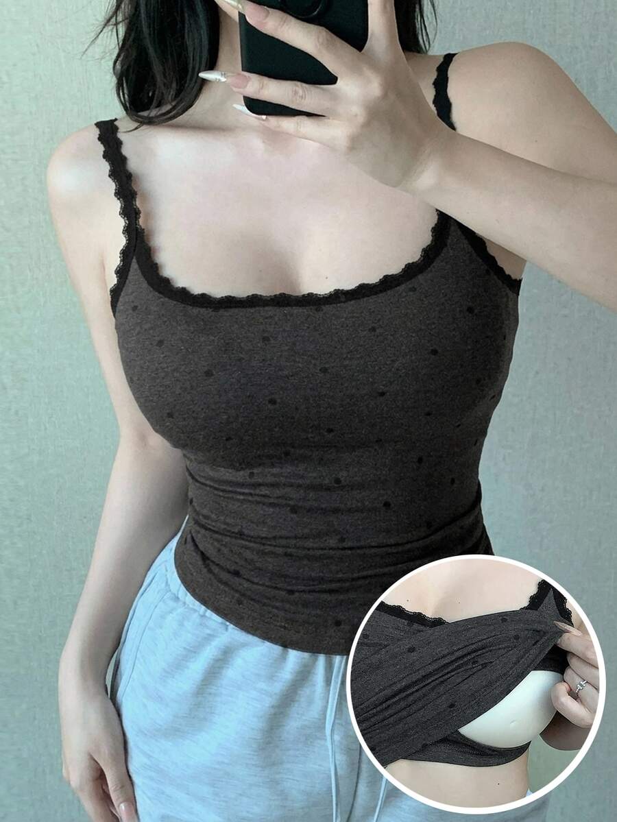 DAZY Camiseta interior de mujer con inserción de encaje y estampado de lunares - Gris - Ver 1