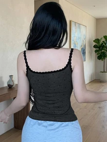 DAZY Camiseta interior de mujer con inserción de encaje y estampado de lunares - Gris - Ver 2