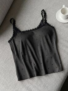 DAZY Camiseta interior de mujer con inserción de encaje y estampado de lunares - Gris - Ver 4
